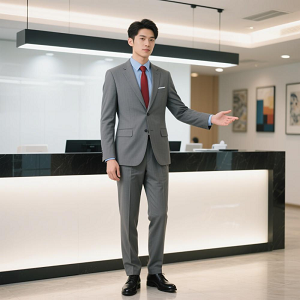 夏季灰色男士职业装前台商务西服套装定制蓝衬衫红领带300